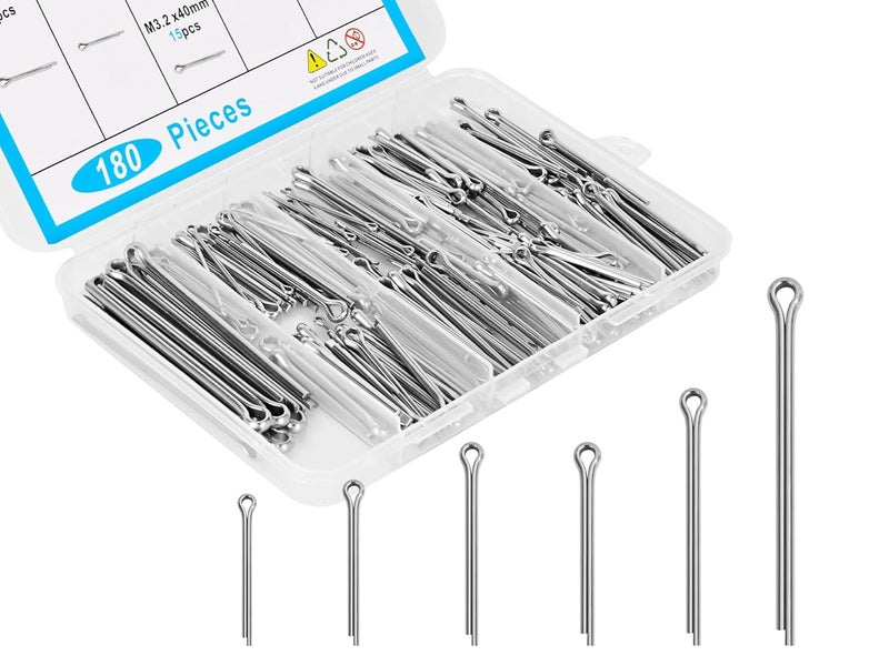 CARLWIN 180pcs Premium 304 Stainless Steel Cotter Pin Assortment Kit, 6 Sizes Heavy Duty Cotter Pins, Hardware Pins for Automotive, Machinery, Lawn Mowers, and DIY Projects - Image 1